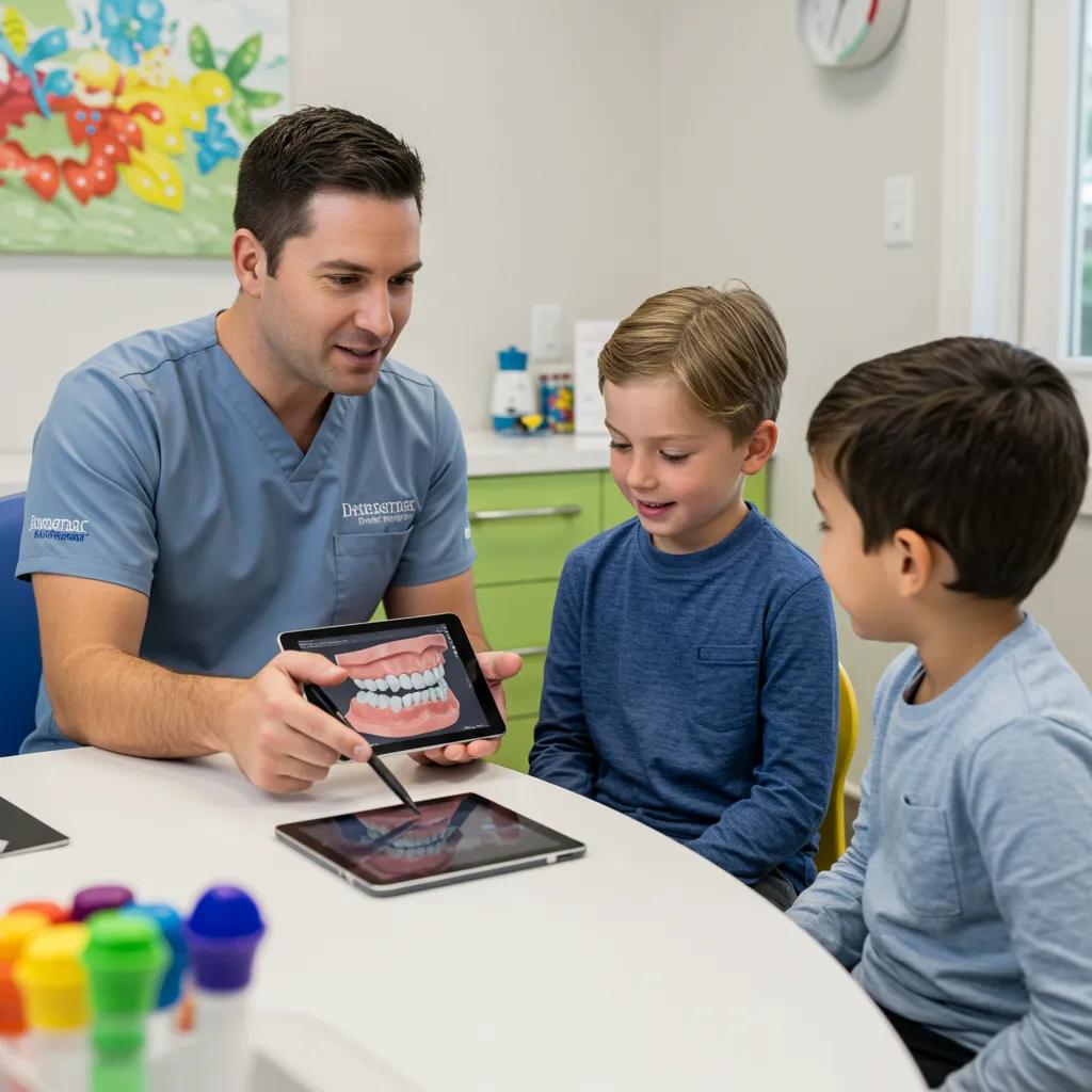 Pediatric orthodontist consulting with a child about Invisalign treatment